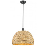 Woven Rattan Stem Hung Pendant - Matte Black / Rattan
