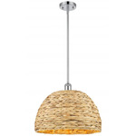 Woven Rattan Stem Hung Pendant - Polished Chrome / Rattan