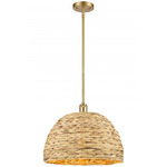 Woven Rattan Stem Hung Pendant - Satin Gold / Rattan