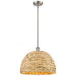 Woven Rattan Stem Hung Pendant - Satin Nickel / Rattan