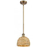 Woven Rattan Stem Hung Pendant - Brushed Brass / Rattan