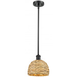 Woven Rattan Stem Hung Pendant - Matte Black / Rattan
