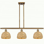 Woven Rattan Multi Light Linear Pendant - Brushed Brass / Rattan