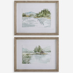 Serene Lake Framed Prints, Set of 2 - Gray / Muted Color Tones