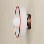 Disc Orb Outdoor Surface Mount - Patina Brass Canopy / Opaline, Red Rim