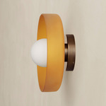 Disc Orb Outdoor Surface Mount - Patina Brass Canopy / Sandblasted Amber