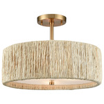 Abaca Semi Flush Ceiling Light - Satin Brass / Natural