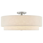 Textile Classic Tiered 977 Semi Flush Ceiling Light - Brushed Nickel / Cream
