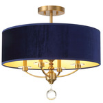 Van Noord Semi Flush Ceiling Light - Aged Brass / Blue Velvet