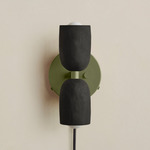 Ceramic Up Down Plug-In Wall Sconce - Reed Green Canopy / Black Clay Upper Shade