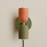 Ceramic Up Down Plug-In Wall Sconce - Reed Green Canopy / Terracotta Upper Shade