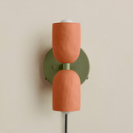 Ceramic Up Down Plug-In Wall Sconce - Reed Green Canopy / Terracotta Upper Shade