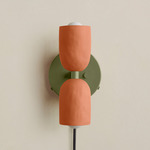 Ceramic Up Down Plug-In Wall Sconce - Reed Green Canopy / Terracotta Upper Shade