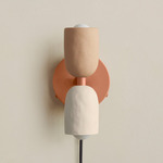 Ceramic Up Down Plug-In Wall Sconce - Peach Canopy / Tan Clay Upper Shade