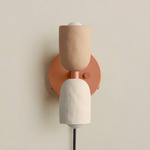 Ceramic Up Down Plug-In Wall Sconce - Peach Canopy / Tan Clay Upper Shade