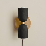 Ceramic Up Down Plug-In Wall Sconce - Brass Canopy / Black Clay Upper Shade