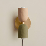 Ceramic Up Down Plug-In Wall Sconce - Brass Canopy / Tan Clay Upper Shade