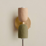 Ceramic Up Down Plug-In Wall Sconce - Brass Canopy / Tan Clay Upper Shade