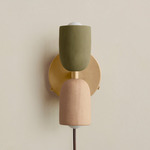 Ceramic Up Down Plug-In Wall Sconce - Brass Canopy / Green Clay Upper Shade