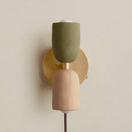 Ceramic Up Down Plug-In Wall Sconce - Brass Canopy / Green Clay Upper Shade