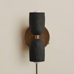 Ceramic Up Down Plug-In Wall Sconce - Patina Brass Canopy / Black Clay Upper Shade