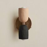 Ceramic Up Down Wall Sconce - Patina Brass Canopy / Tan Clay Upper Shade