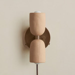 Ceramic Up Down Plug-In Wall Sconce - Patina Brass Canopy / Tan Clay Upper Shade