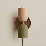 Ceramic Up Down Plug-In Wall Sconce - Patina Brass Canopy / Tan Clay Upper Shade