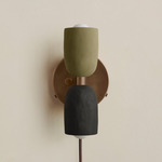 Ceramic Up Down Plug-In Wall Sconce - Patina Brass Canopy / Green Clay Upper Shade