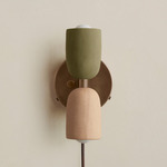 Ceramic Up Down Plug-In Wall Sconce - Patina Brass Canopy / Green Clay Upper Shade