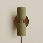 Ceramic Up Down Plug-In Wall Sconce - Patina Brass Canopy / Green Clay Upper Shade