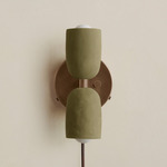 Ceramic Up Down Plug-In Wall Sconce - Patina Brass Canopy / Green Clay Upper Shade
