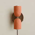 Ceramic Up Down Plug-In Wall Sconce - Patina Brass Canopy / Terracotta Upper Shade