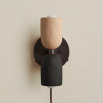 Ceramic Up Down Plug-In Wall Sconce - Blackened Brass Canopy / Tan Clay Upper Shade