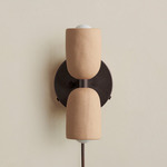 Ceramic Up Down Plug-In Wall Sconce - Blackened Brass Canopy / Tan Clay Upper Shade