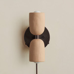 Ceramic Up Down Plug-In Wall Sconce - Blackened Brass Canopy / Tan Clay Upper Shade