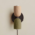Ceramic Up Down Plug-In Wall Sconce - Blackened Brass Canopy / Tan Clay Upper Shade