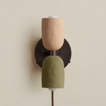 Ceramic Up Down Plug-In Wall Sconce - Blackened Brass Canopy / Tan Clay Upper Shade