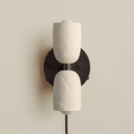 Ceramic Up Down Plug-In Wall Sconce - Blackened Brass Canopy / White Clay Upper Shade