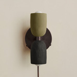 Ceramic Up Down Plug-In Wall Sconce - Blackened Brass Canopy / Green Clay Upper Shade