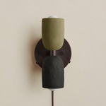 Ceramic Up Down Plug-In Wall Sconce - Blackened Brass Canopy / Green Clay Upper Shade