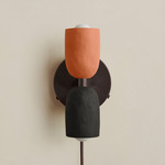 Ceramic Up Down Plug-In Wall Sconce - Blackened Brass Canopy / Terracotta Upper Shade