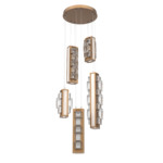Tessera Round Multi Light Pendant - Novel Brass / Light Oak / Tessera Tetro Cast Glass