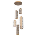 Tessera Round Multi Light Pendant - Novel Brass / Light Oak / Tessera Wave Cast Glass