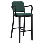 Navy Outdoor Officer Bar / Counter Stool with Arms - Black Powder Coated Aluminum / Sunbrella Heritage Alpine