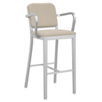 Navy Outdoor Officer Bar / Counter Stool with Arms - Hand Brushed Aluminum / Sunbrella Heritage Papyrus