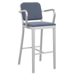 Navy Outdoor Officer Bar / Counter Stool with Arms - Hand Brushed Aluminum / Sunbrella Heritage Sky