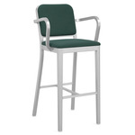 Navy Outdoor Officer Bar / Counter Stool with Arms - Hand Brushed Aluminum / Sunbrella Heritage Alpine