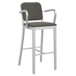 Navy Outdoor Officer Bar / Counter Stool with Arms - Hand Brushed Aluminum / Sunbrella Heritage Slate