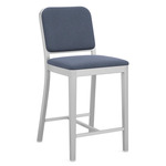 Navy Outdoor Officer Bar / Counter Stool - Hand Brushed Aluminum / Sunbrella Heritage Sky